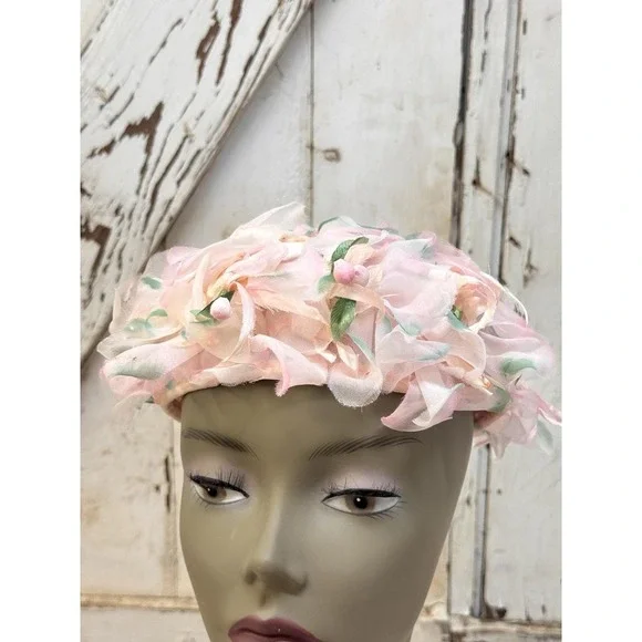 Vintage 1950's Pink Floral Hat with Chiffon Petals Blooms - Spring Garden Party - Picture 2 of 5